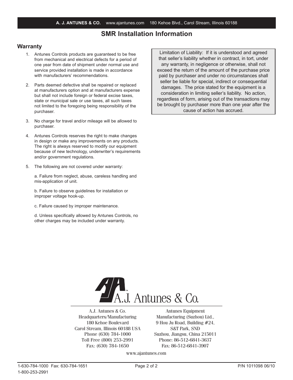 Smr installation information | A.J. Antunes & Co SMR 8621204001 User Manual | Page 2 / 2