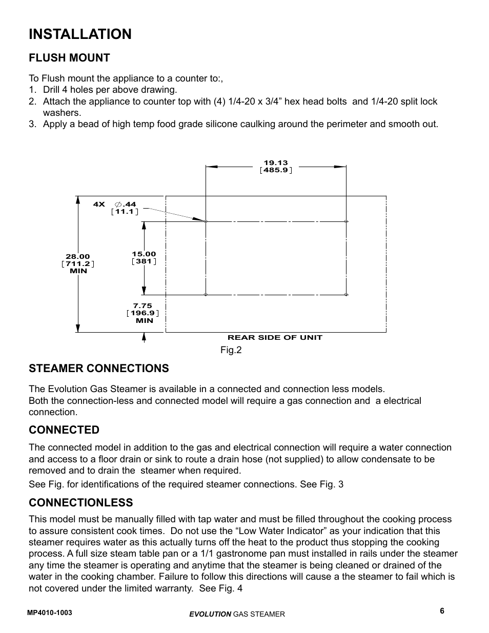 Installation, Steamer connections, Flush mount | Connected connectionless | AccuTemp EVOLUTION GAS STEAMER User Manual | Page 12 / 31