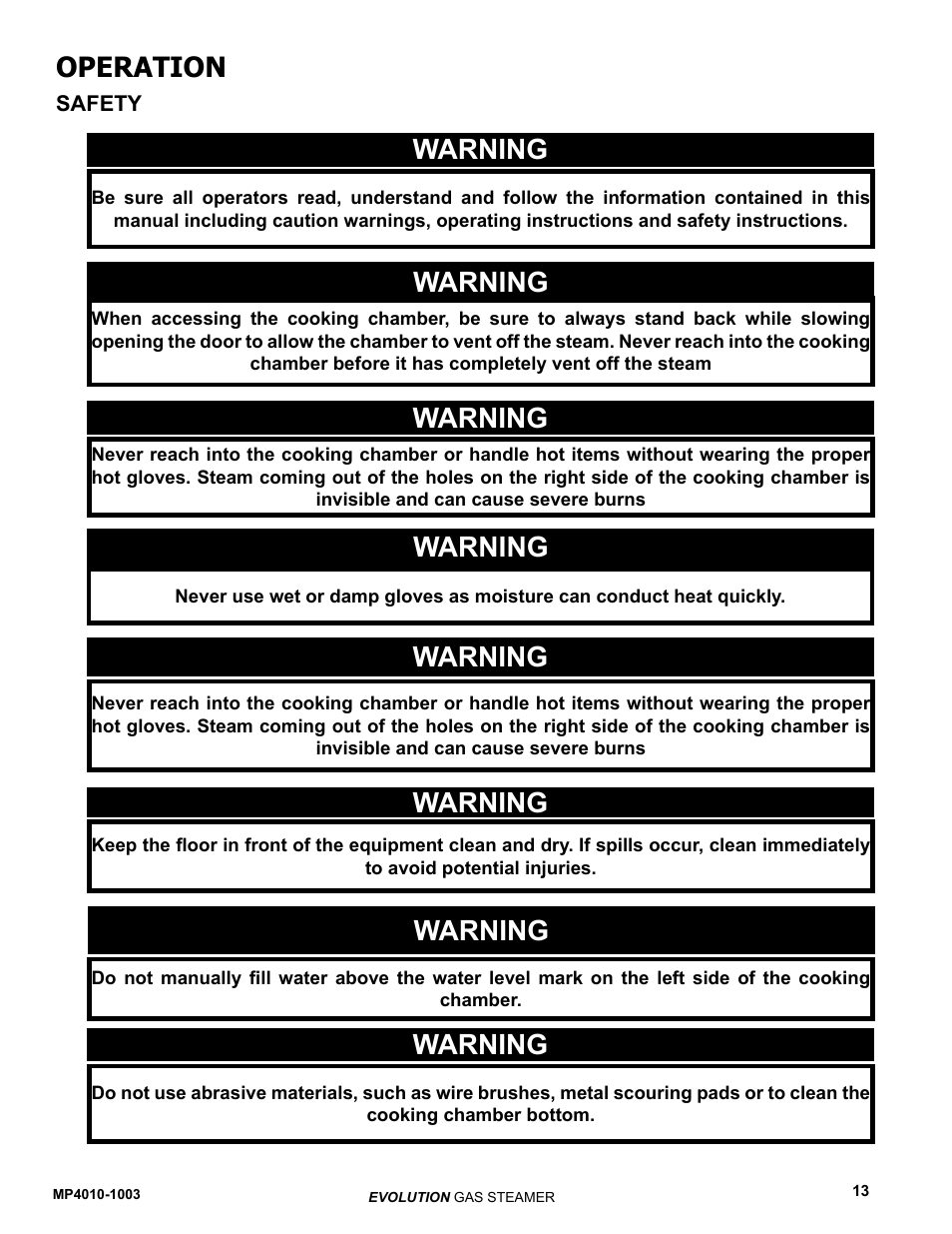 Warning, Operation | AccuTemp EVOLUTION GAS STEAMER User Manual | Page 19 / 31