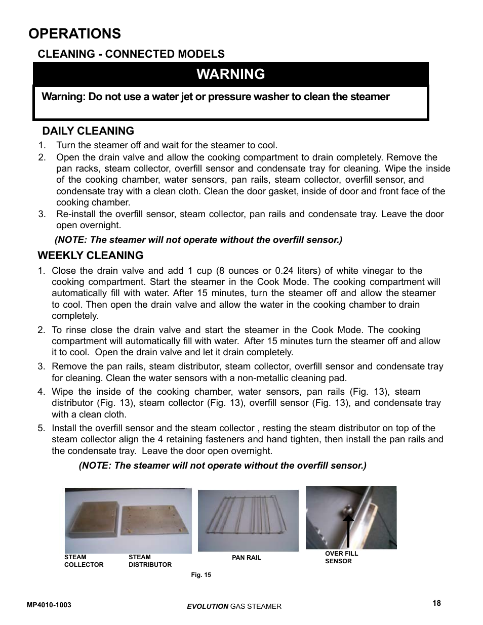 Warning, Operations, Cleaning - connected models daily cleaning | Weekly cleaning | AccuTemp EVOLUTION GAS STEAMER User Manual | Page 24 / 31
