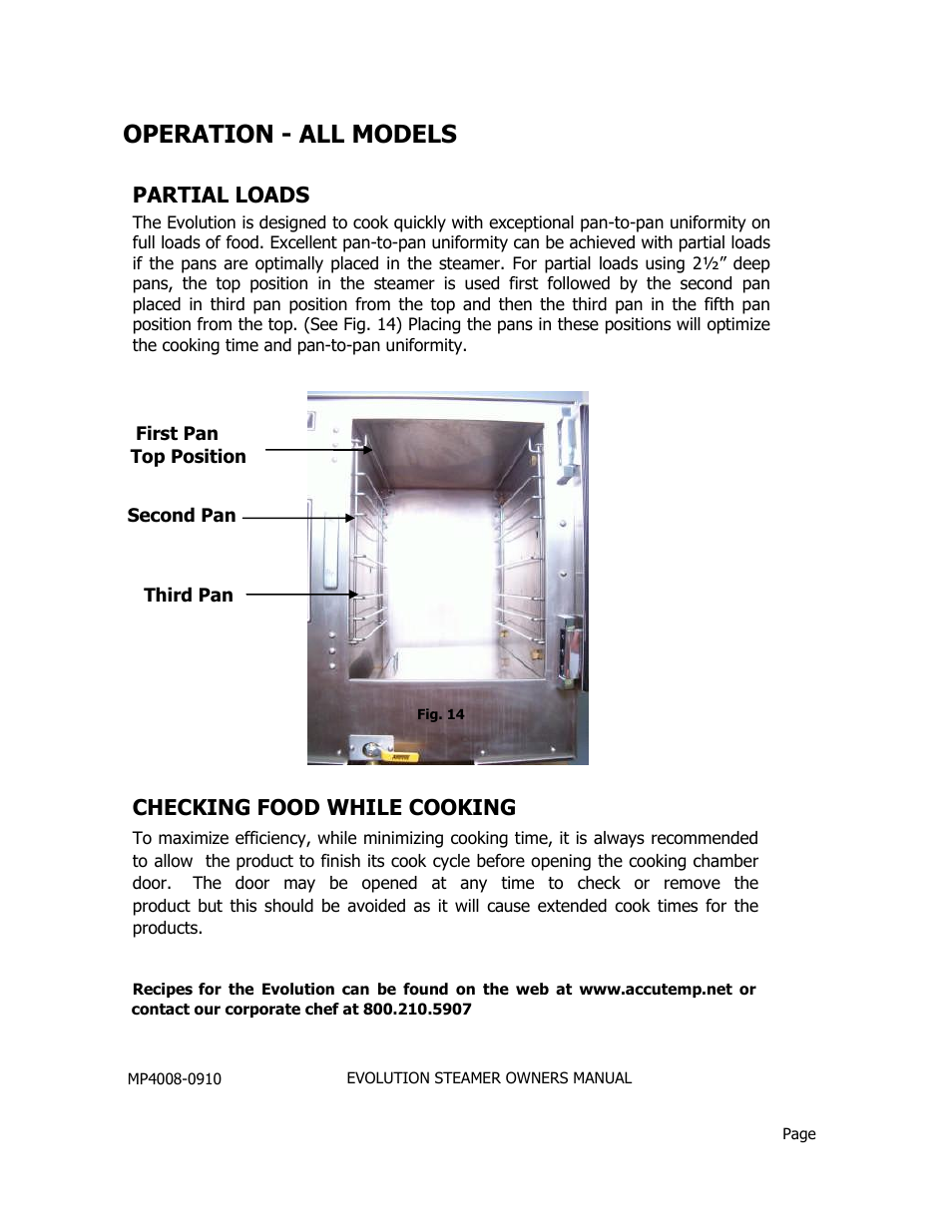 Operation - all models, Partial loads, Checking food while cooking | AccuTemp EVOLUTION ELECTRIC STEAMER User Manual | Page 15 / 21