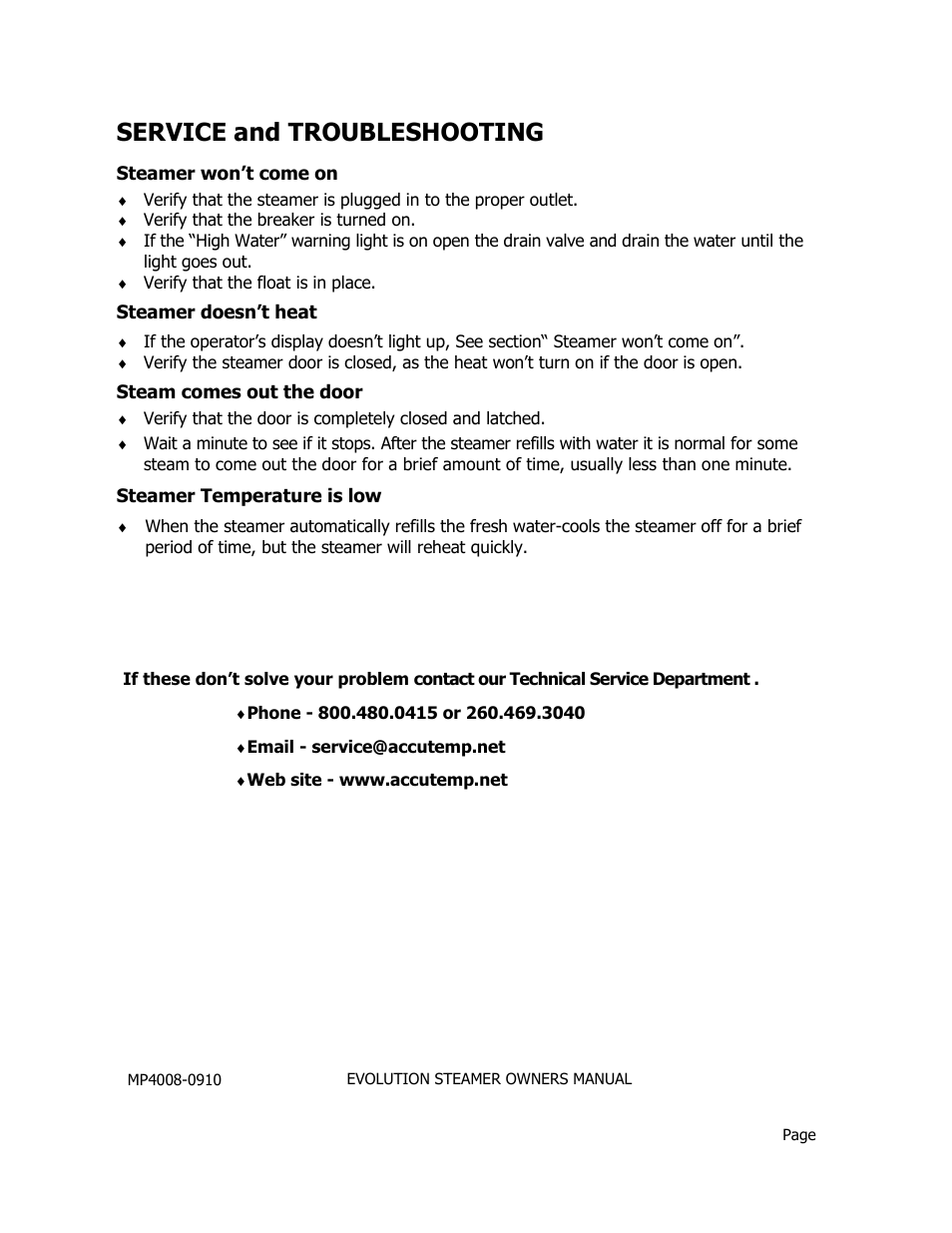 Service and troubleshooting | AccuTemp EVOLUTION ELECTRIC STEAMER User Manual | Page 20 / 21