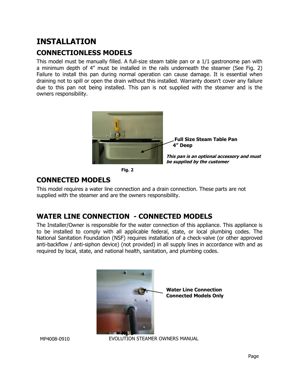 Installation, Connectionless models, Water line connection - connected models | Connected models | AccuTemp EVOLUTION ELECTRIC STEAMER User Manual | Page 7 / 21