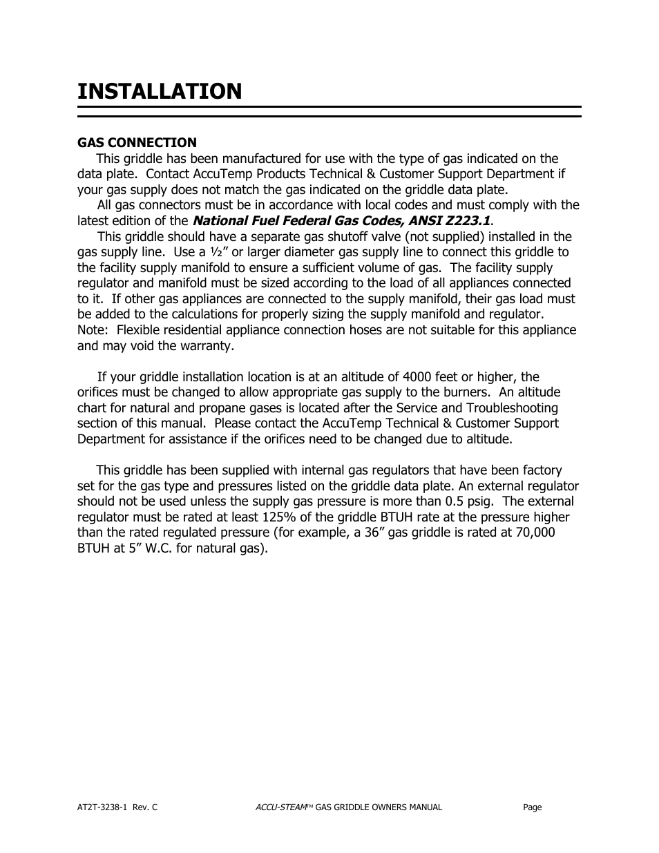 Installation | AccuTemp ACCU-STEAM GAS GRIDDLE User Manual | Page 13 / 39