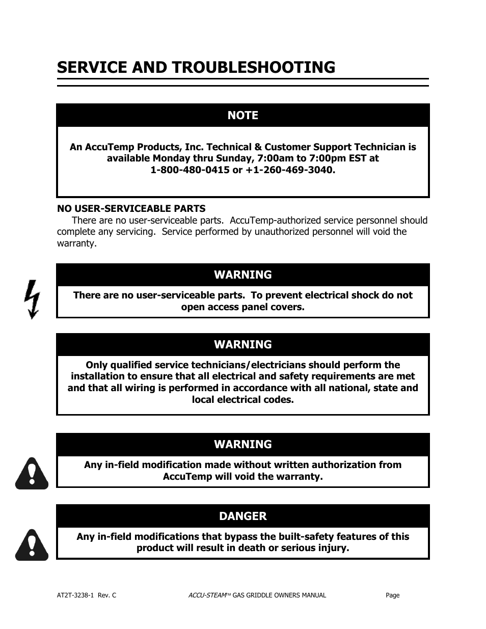 Service and troubleshooting | AccuTemp ACCU-STEAM GAS GRIDDLE User Manual | Page 18 / 39