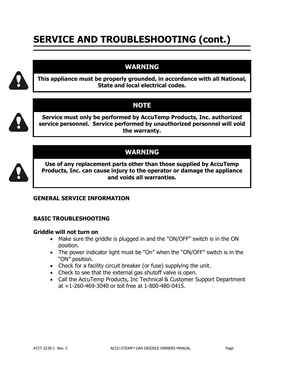 Service and troubleshooting (cont.) | AccuTemp ACCU-STEAM GAS GRIDDLE User Manual | Page 19 / 39