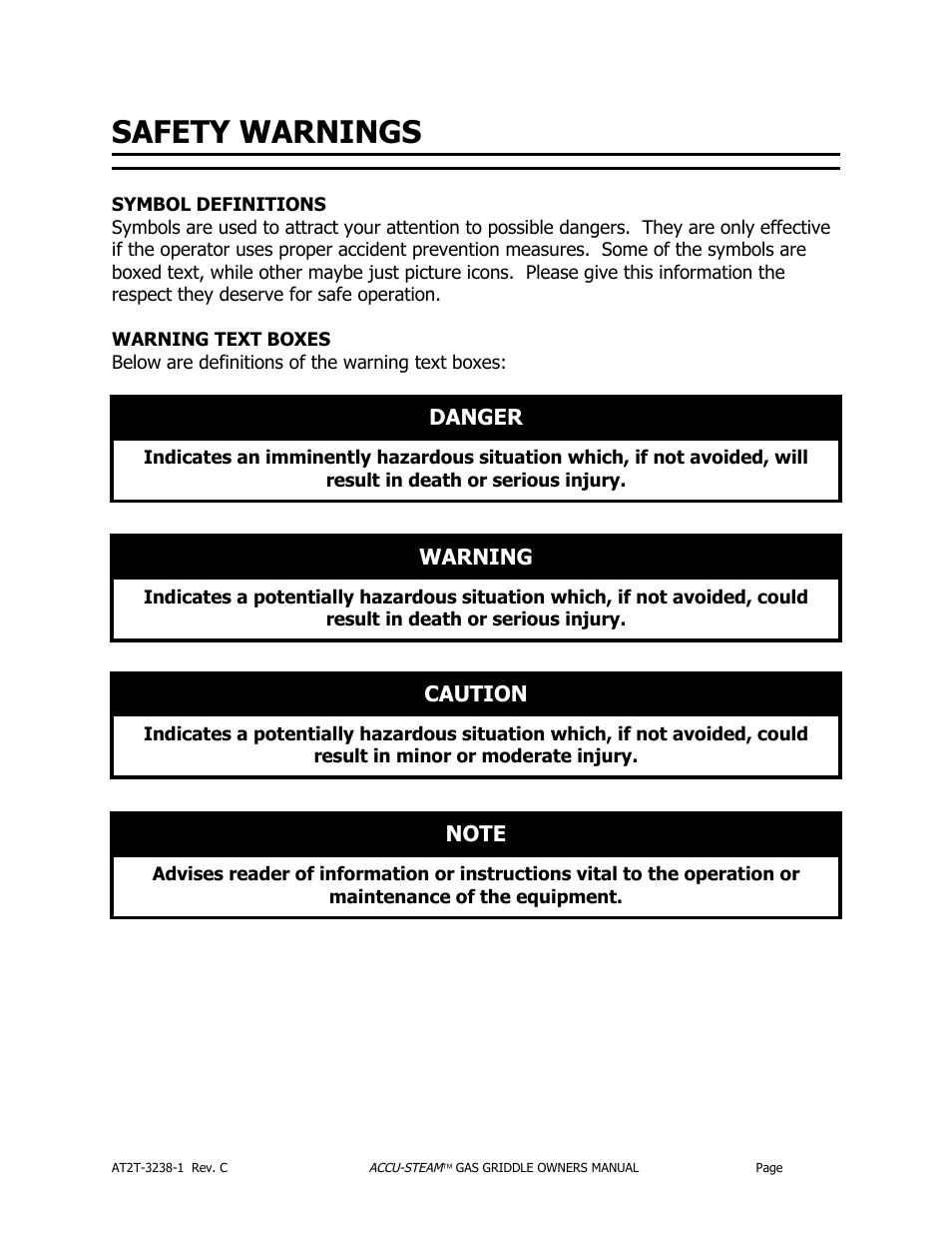 Safety warnings | AccuTemp ACCU-STEAM GAS GRIDDLE User Manual | Page 5 / 39