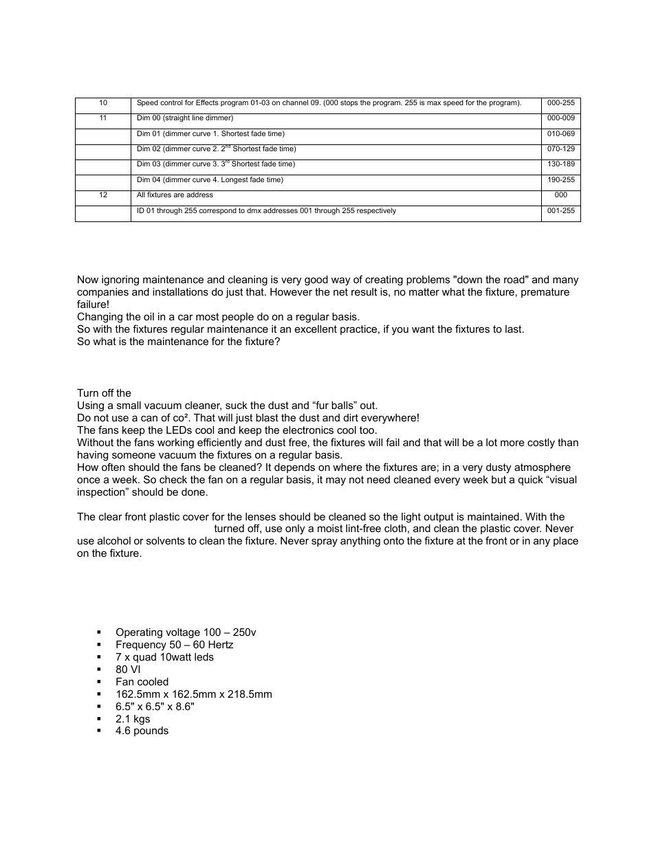 Dmx channel assignments (cont.), Cleaning and maintenance, Clean the fan! that’s really it | Technical specification | elektraLite eyeBall RGBWA (5-in-1) User Manual | Page 13 / 15