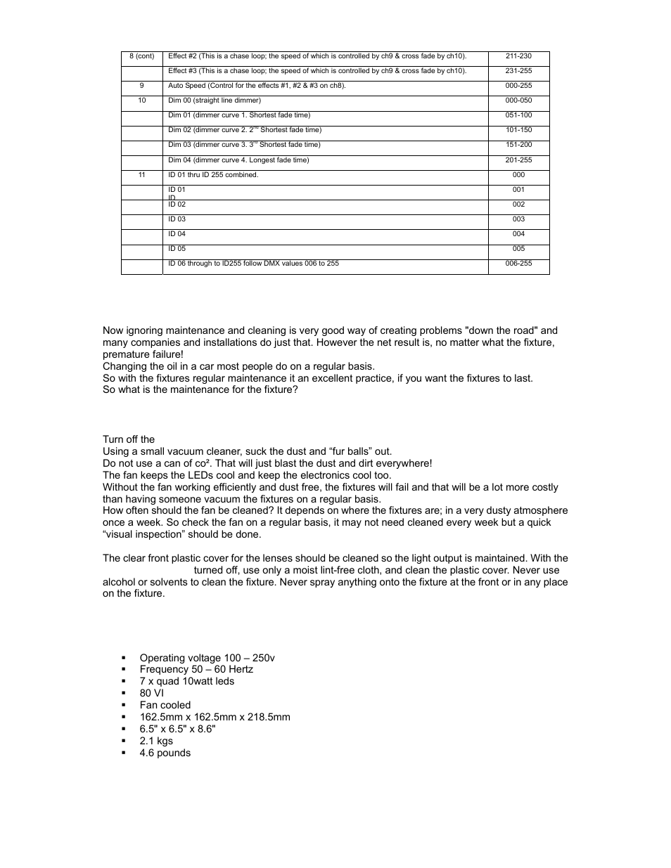 Dmx channel assignments (cont.), Cleaning and maintenance, Clean the fans! that’s really it | Technical specification | elektraLite eyeBall QUAD 7x12w LEDs User Manual | Page 12 / 14