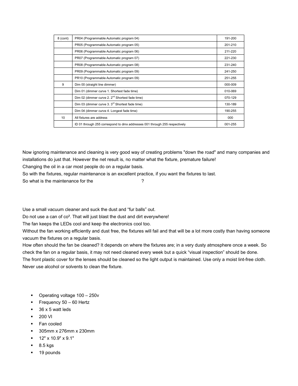 Dmx channel assignments (cont.), Cleaning and maintenance, Clean the fan! that’s really it | Technical specification | elektraLite Dazer RGB User Manual | Page 13 / 15