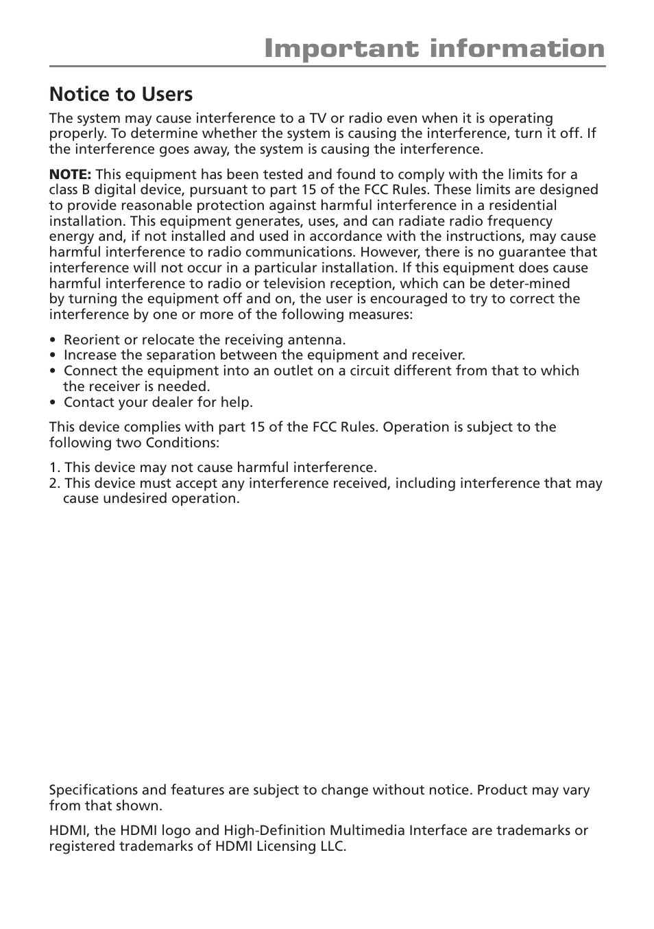 Important information, Notice to users | Audiovox POWERED HDMI REPEATER HD588 User Manual | Page 3 / 8