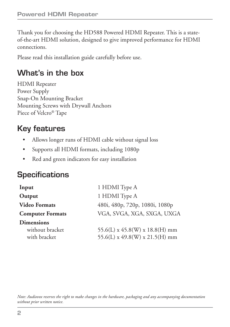 What’s in the box, Key features, Specifi cations | Audiovox POWERED HDMI REPEATER HD588 User Manual | Page 4 / 8