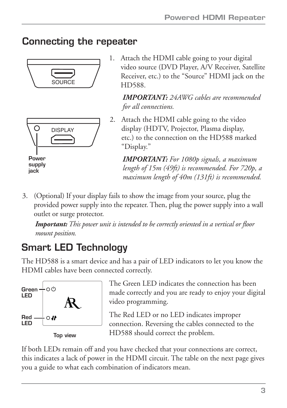 Connecting the repeater, Smart led technology | Audiovox POWERED HDMI REPEATER HD588 User Manual | Page 5 / 8