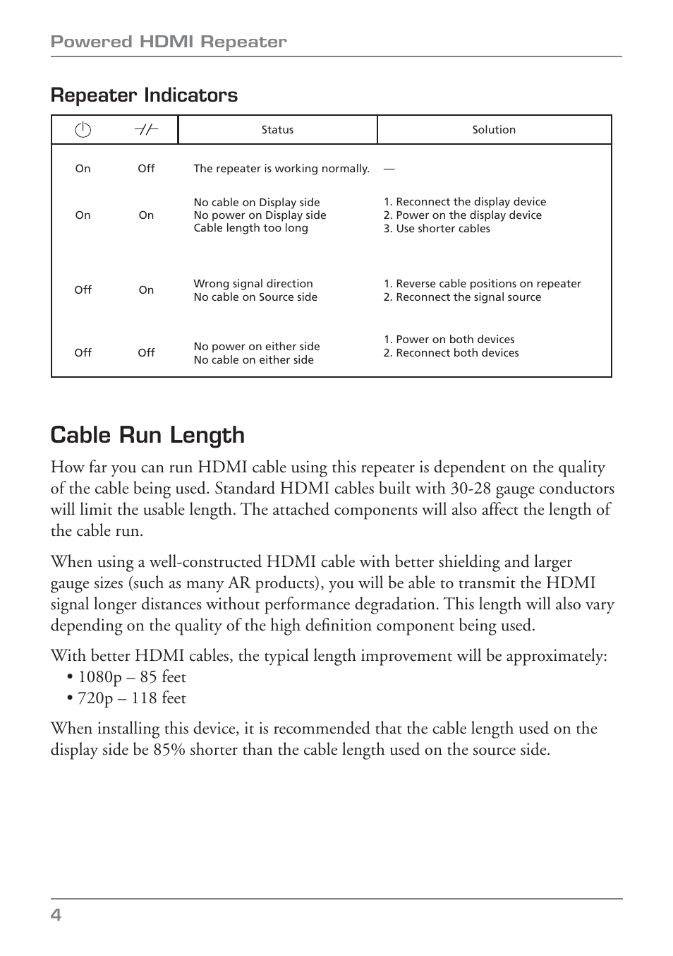 Cable run length, Repeater indicators | Audiovox POWERED HDMI REPEATER HD588 User Manual | Page 6 / 8