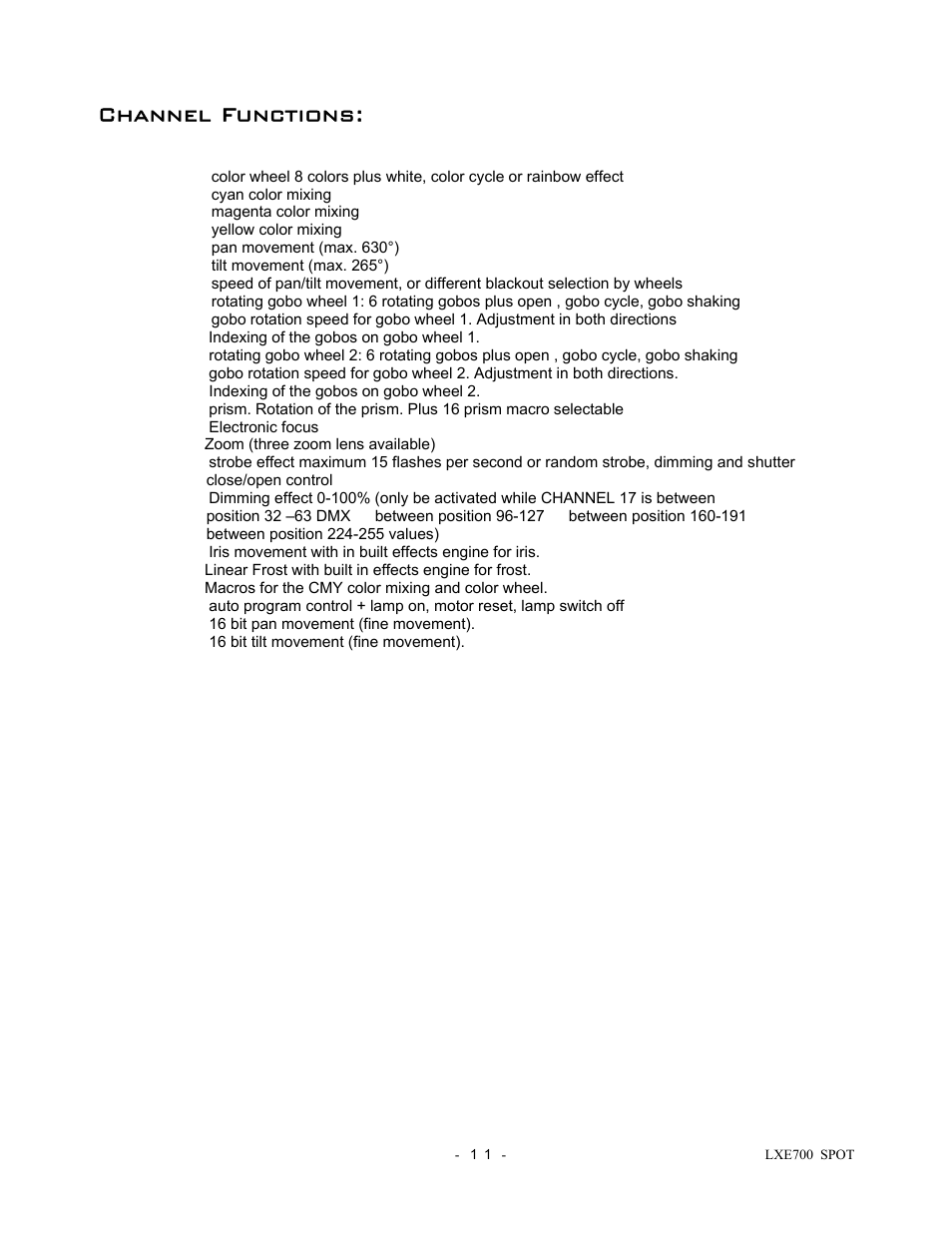 Channel functions | elektraLite LXE 700 Spot User Manual | Page 12 / 20