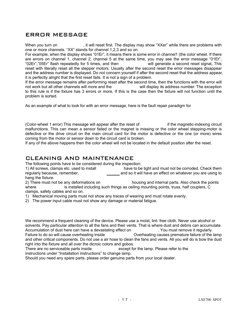 Error message, Cleaning and maintenance | elektraLite LXE 700 Spot User Manual | Page 18 / 20