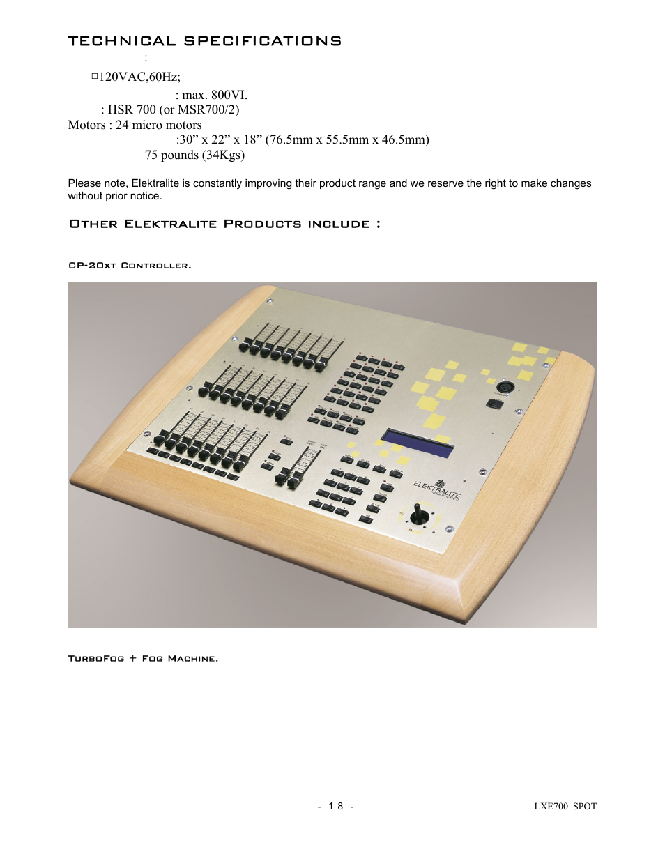 Technical specifications, Other elektralite products include | elektraLite LXE 700 Spot User Manual | Page 19 / 20