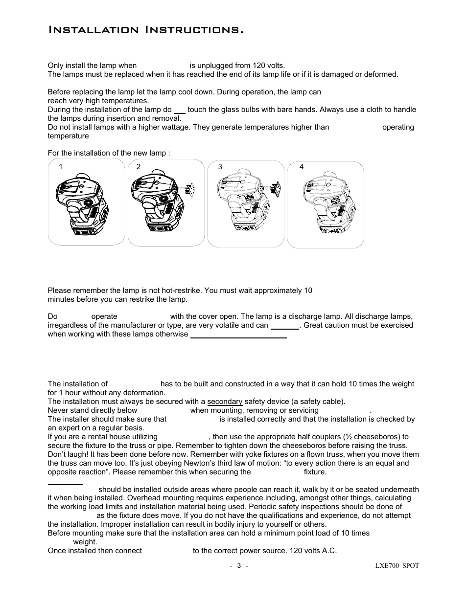 Installation instructions, A) installing or replacing the lamp, B) mounting lxe 700 spot | elektraLite LXE 700 Spot User Manual | Page 4 / 20