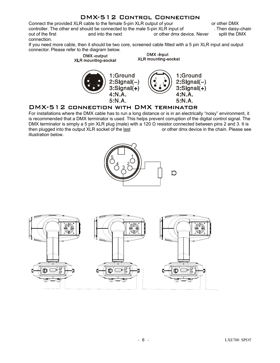 Dmx-512 control connection, Dmx-512 connection with dmx terminator | elektraLite LXE 700 Spot User Manual | Page 7 / 20