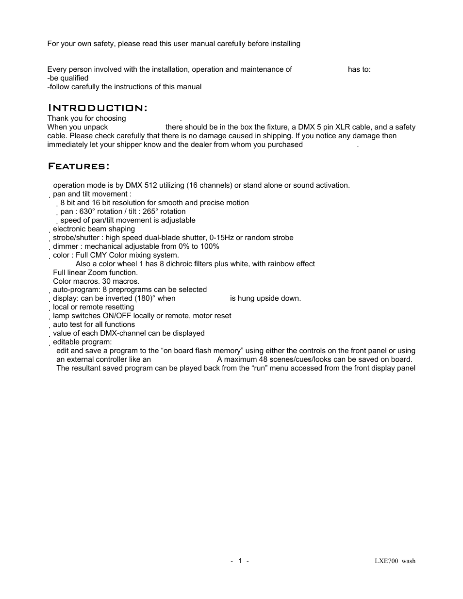 Introduction, Features | elektraLite LXE 700 Wash User Manual | Page 2 / 19