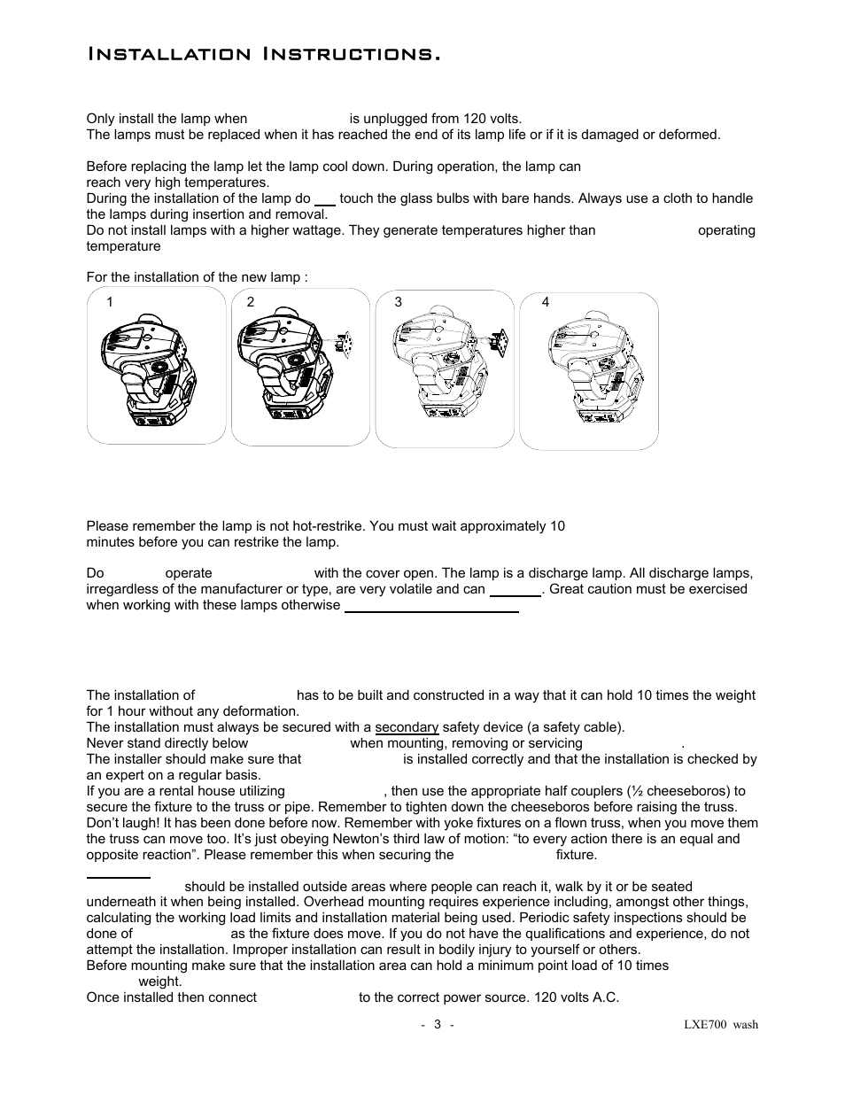 Installation instructions, A) installing or replacing the lamp, B) mounting lxe 700 wash | elektraLite LXE 700 Wash User Manual | Page 4 / 19