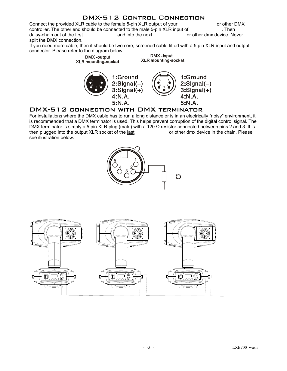 Dmx-512 control connection, Dmx-512 connection with dmx terminator | elektraLite LXE 700 Wash User Manual | Page 7 / 19