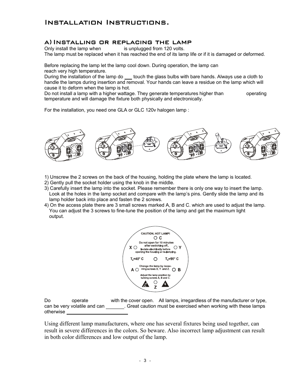 Installation instructions, A) installing or replacing the lamp, Procedure | elektraLite PaintCan 2.0 User Manual | Page 4 / 21
