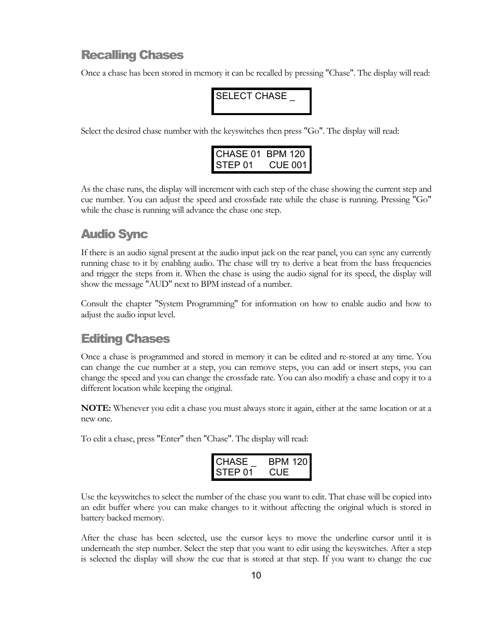 Recalling chases, Audio sync, Editing chases | elektraLite CP10xt Manual User Manual | Page 13 / 49