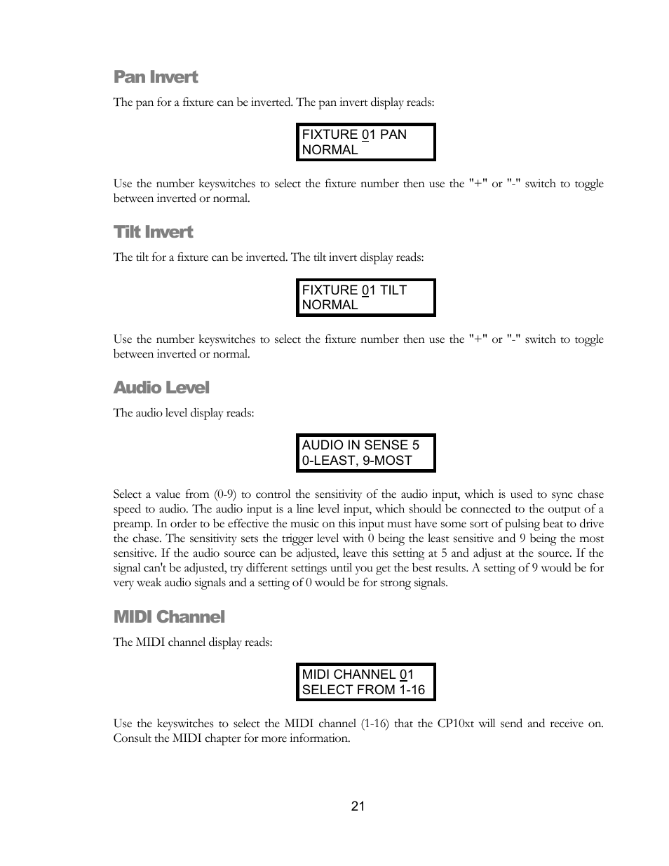 Pan invert, Tilt invert, Audio level | Midi channel | elektraLite CP10xt Manual User Manual | Page 24 / 49