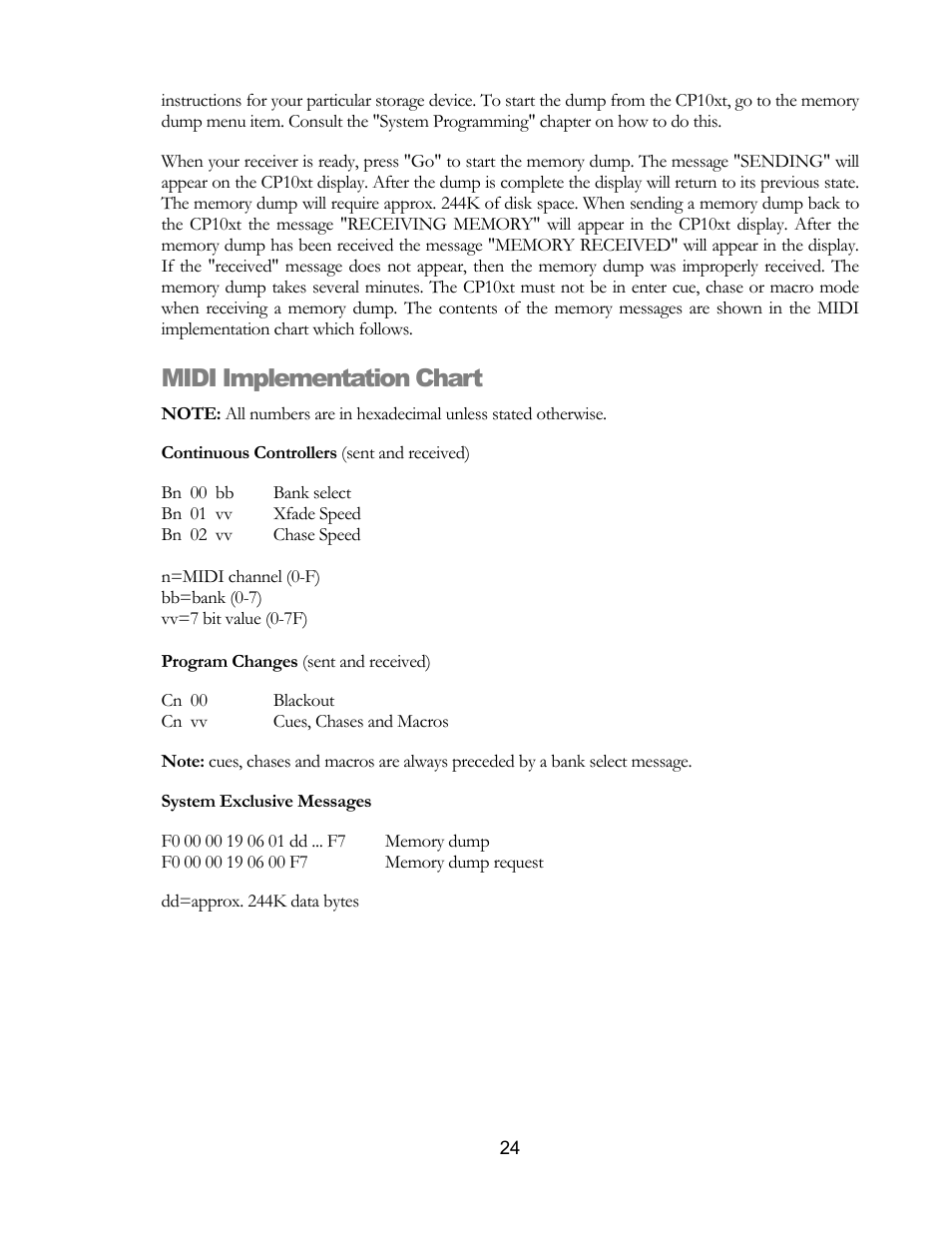 Midi implementation chart | elektraLite CP10xt Manual User Manual | Page 27 / 49