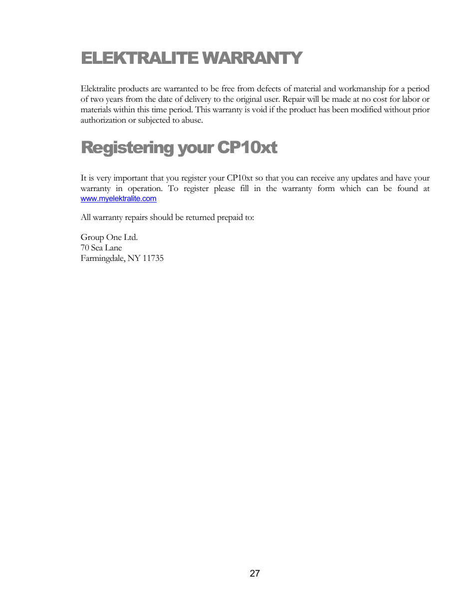 Elektralite warranty, Registering your cp10xt | elektraLite CP10xt Manual User Manual | Page 30 / 49