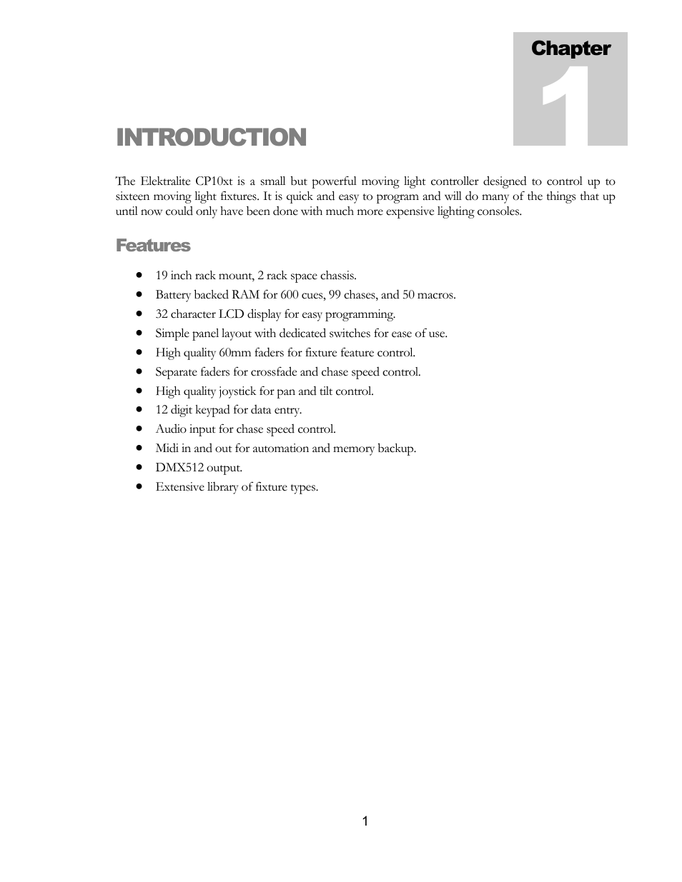 Introduction, Chapter | elektraLite CP10xt Manual User Manual | Page 4 / 49