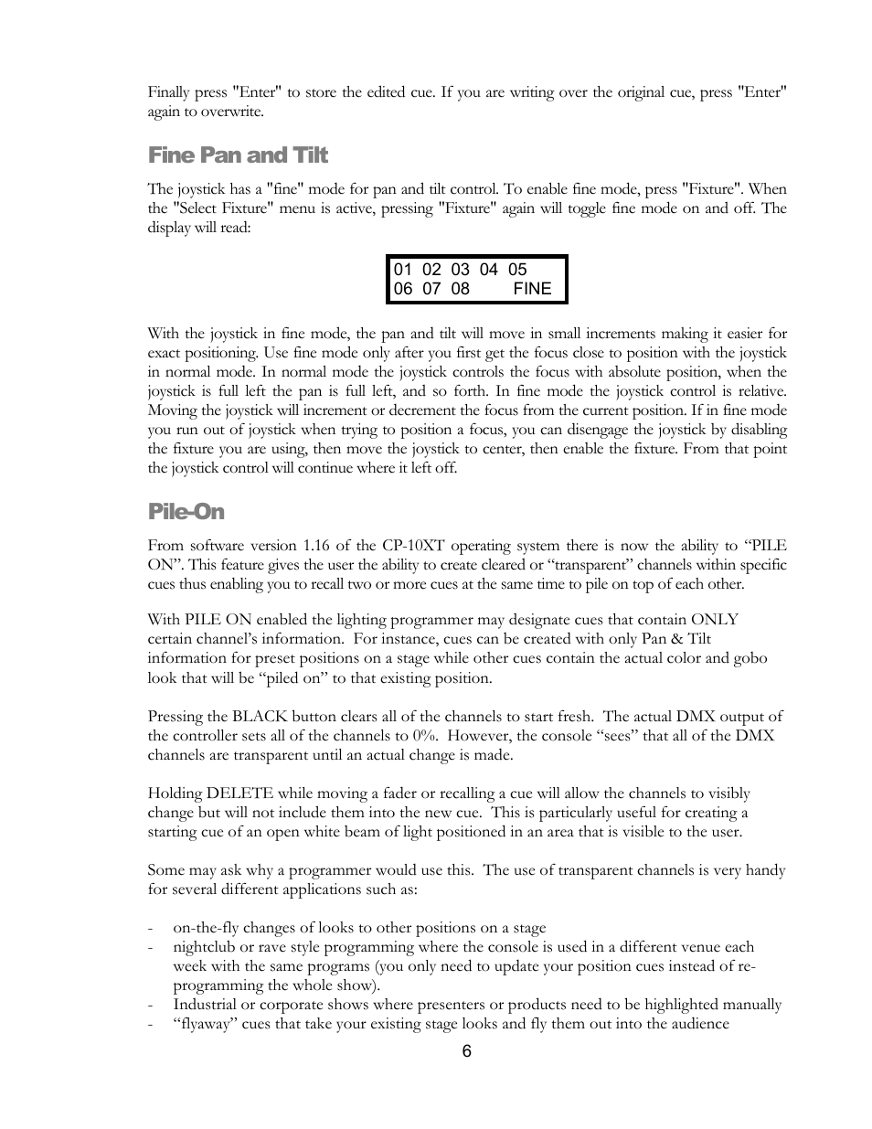 Fine pan and tilt, Pile-on | elektraLite CP10xt Manual User Manual | Page 9 / 49