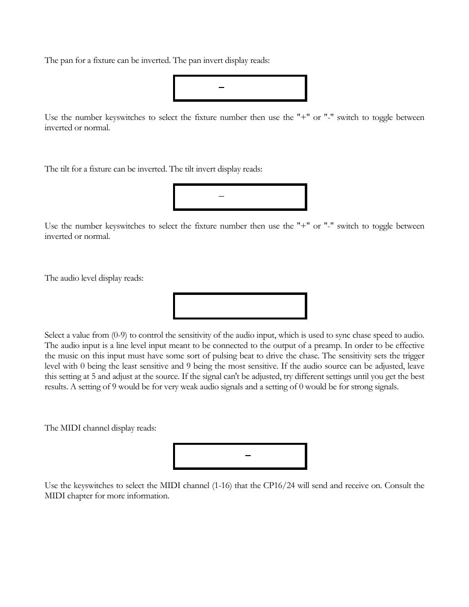 Pan invert, Tilt invert, Audio level | Midi channel | elektraLite CP16/24 User Manual | Page 22 / 32