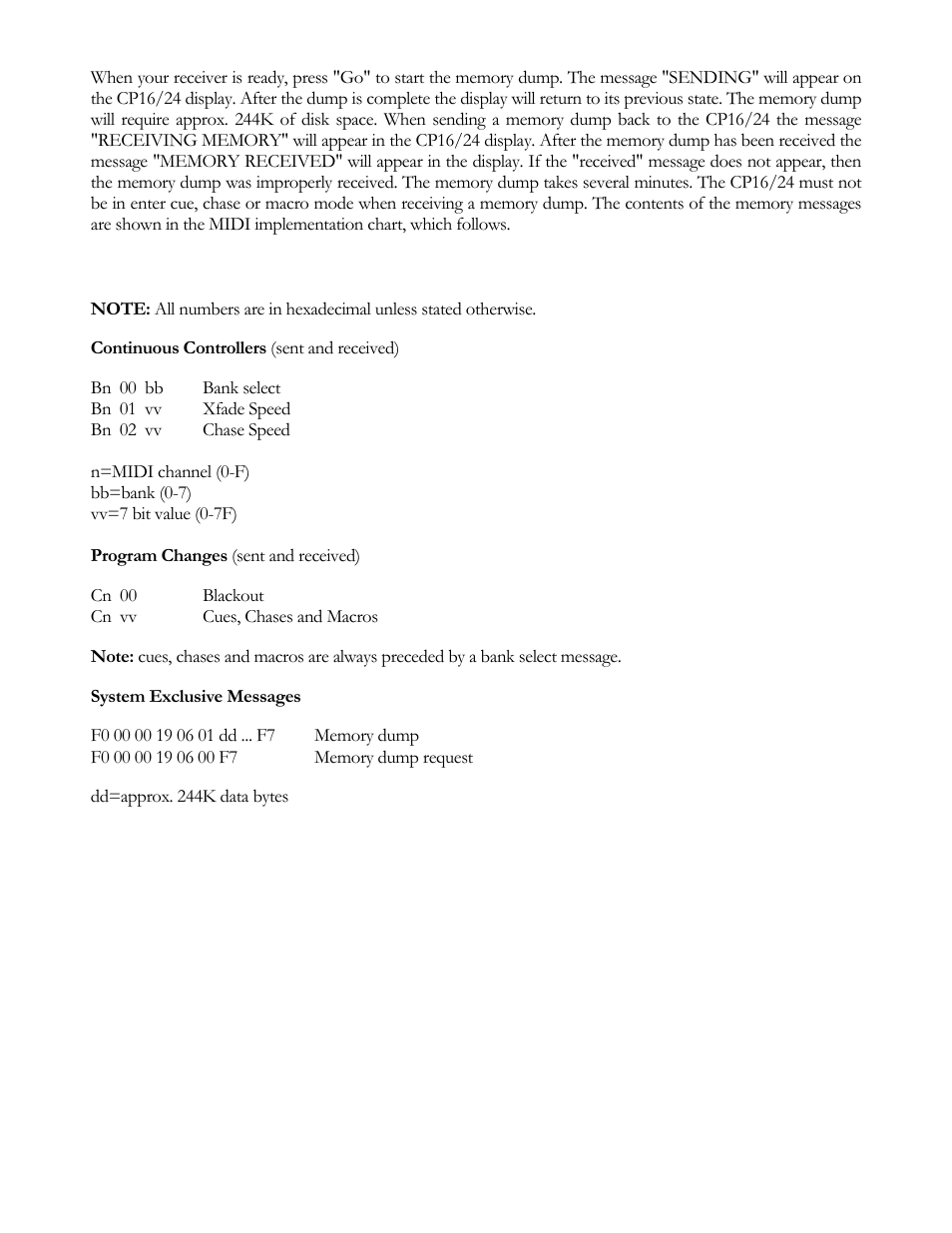 Midi implementation chart | elektraLite CP16/24 User Manual | Page 25 / 32