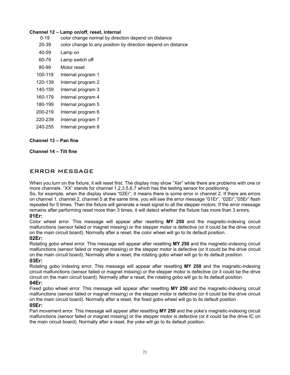 Error message | elektraLite MY 250 User Manual | Page 22 / 25