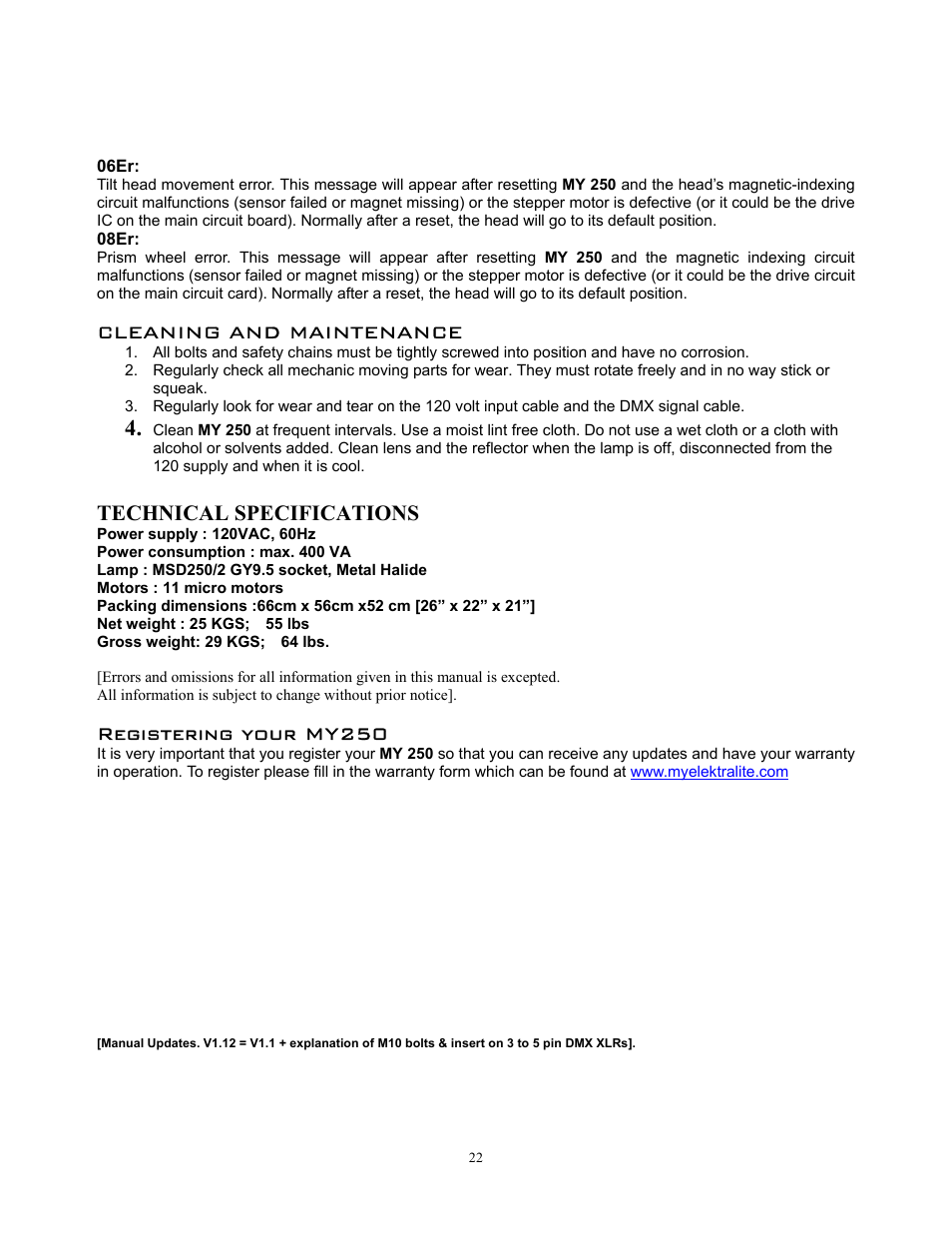 Cleaning and maintenance, Technical specifications, Registering your my250 | elektraLite MY 250 User Manual | Page 23 / 25