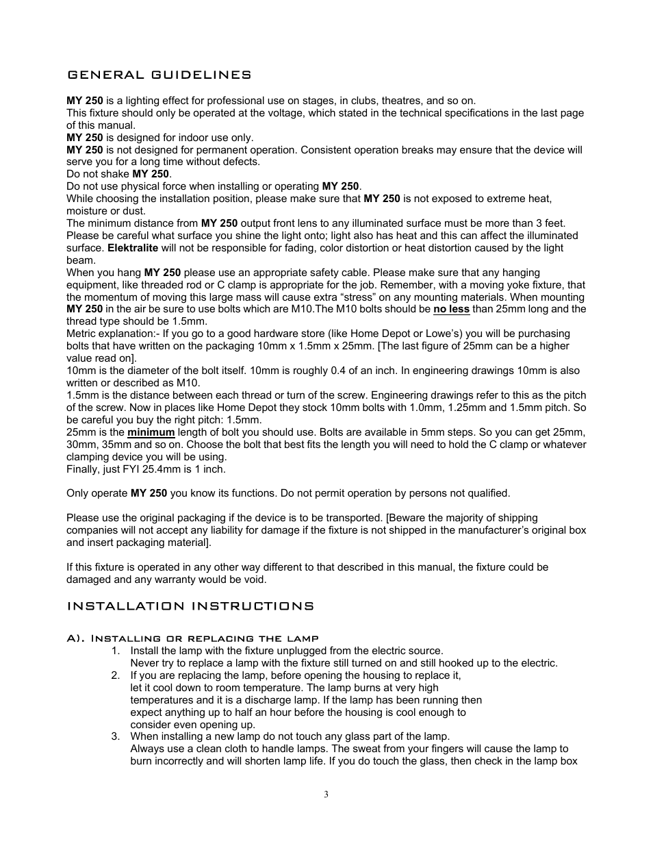 General guidelines, Installation instructions | elektraLite MY 250 User Manual | Page 4 / 25