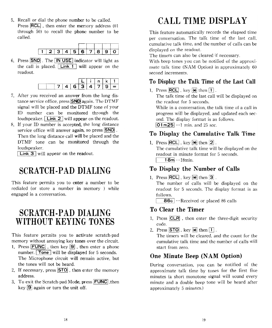 To display the talk time of the last call, To display the cumulative talk time, To display the number of calls | To clear the timer, One minute beep (nam option), Scratch-pad dialing, Scratch-pad dialing without keying tones, Call time display | Audiovox TRAN-410A User Manual | Page 10 / 13