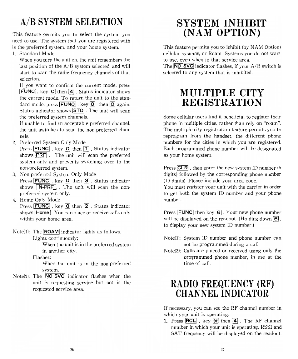 System inhibit (nam option), Multiple city registration, A/b system selection | Radio frequency (rf) channel indicator | Audiovox TRAN-410A User Manual | Page 11 / 13