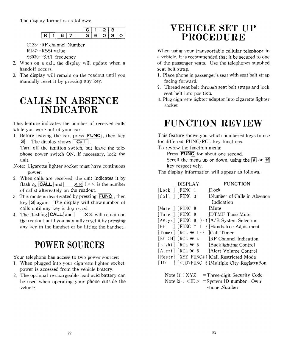 Calls in absence indicator, Vehicle set up procedure, Function review | Power sources | Audiovox TRAN-410A User Manual | Page 12 / 13