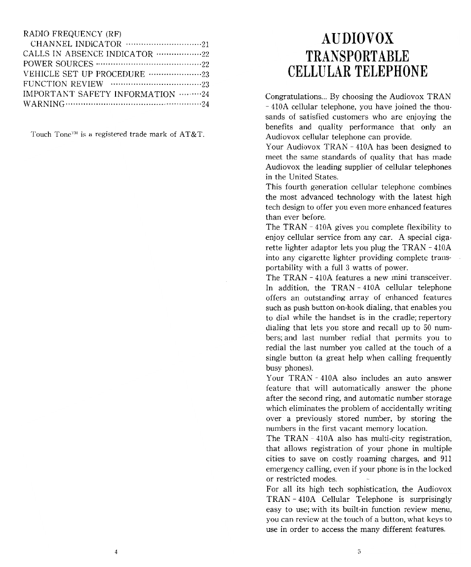 Transportable cellular telephone, Audiovox | Audiovox TRAN-410A User Manual | Page 3 / 13