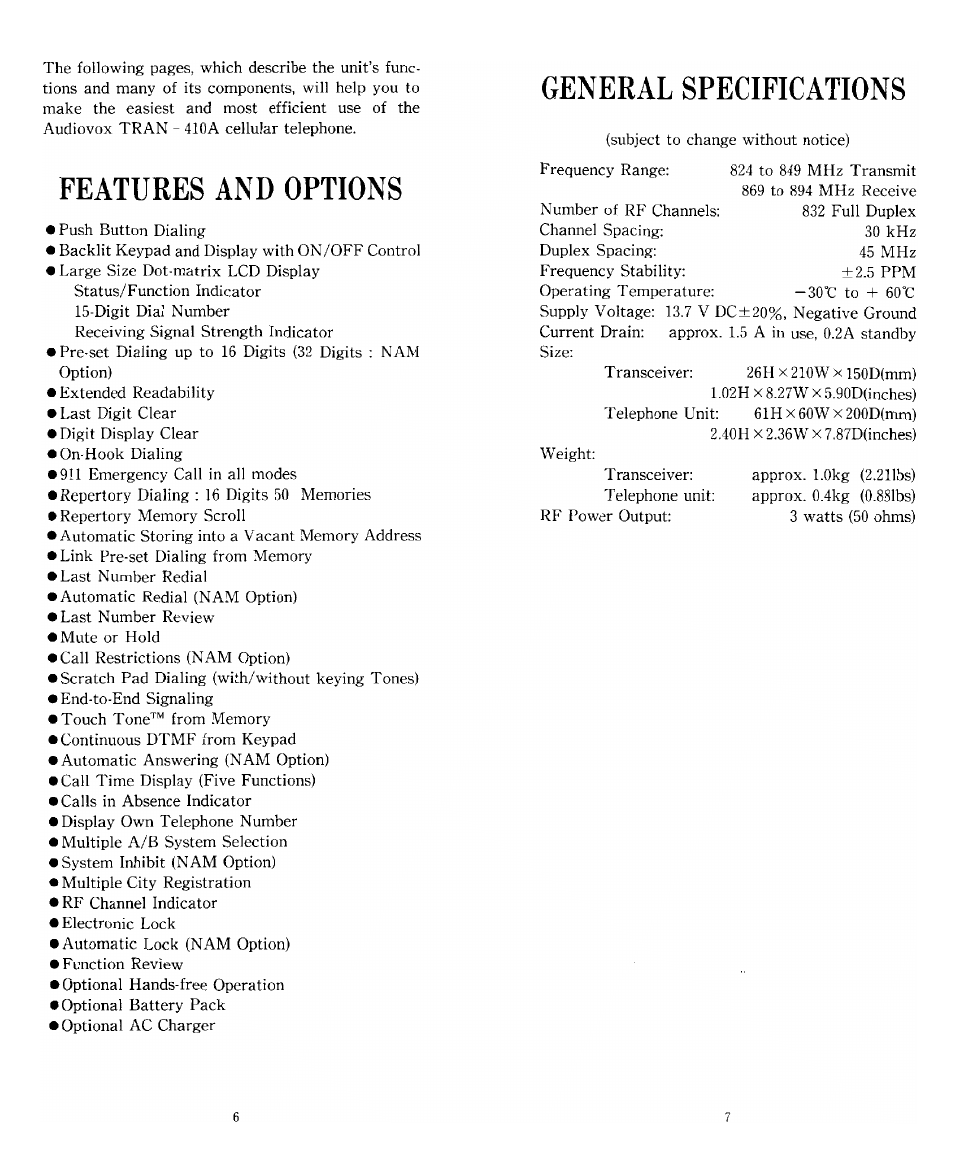 Features and options, General specifications | Audiovox TRAN-410A User Manual | Page 4 / 13
