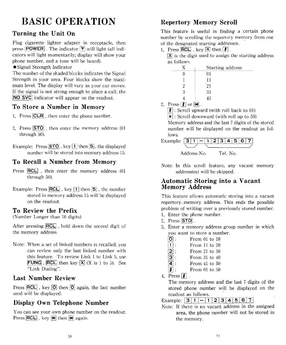 Turning the unit on, To store a number in memory, To recall a number from memory | To review tbe prefix, Last number review, Display own telephone number, Repertory memory scroll, Automatic storing into a vacant memory address, Basic operation | Audiovox TRAN-410A User Manual | Page 6 / 13