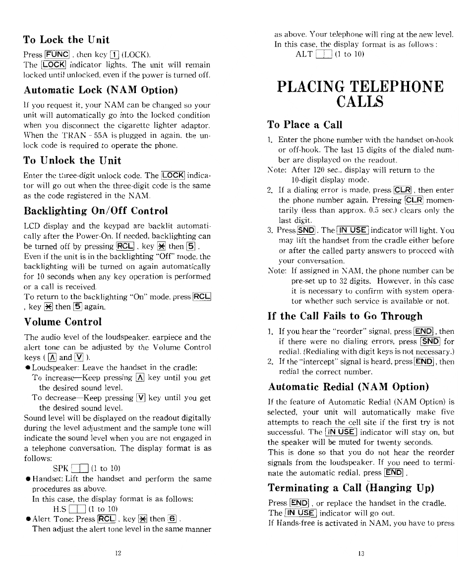 To lock the unit, Automatic lock (nam option), To unlock the unit | Backlighting on/off control, Volume control, To place a call, If the call fails to go through, Automatic redial (nam option), Terminating a call (hanging up), Placing telephone calls | Audiovox TRAN-410A User Manual | Page 7 / 13