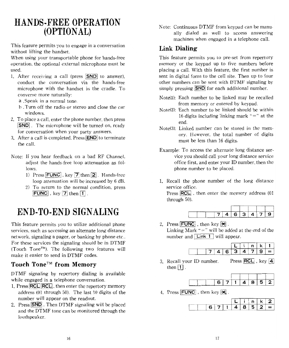 Touch tone™ from memory, Link dialing, Hands-free operation (optional) | End-to-end signaling | Audiovox TRAN-410A User Manual | Page 9 / 13