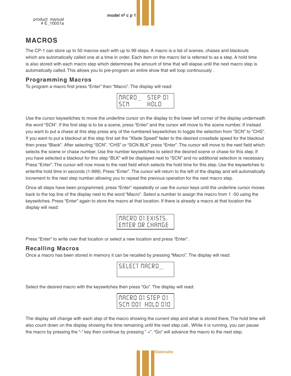 Macros, Programming macros, Recalling macros | elektraLite CP1 User Manual | Page 10 / 25