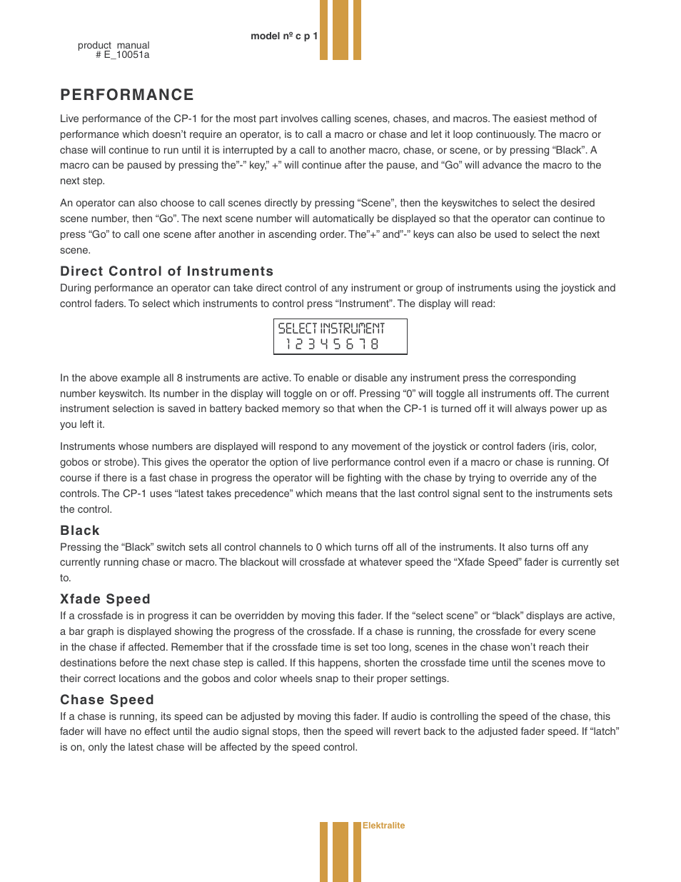 Performance, Direct control of instruments, Black | Xfade speed, Chase speed | elektraLite CP1 User Manual | Page 13 / 25