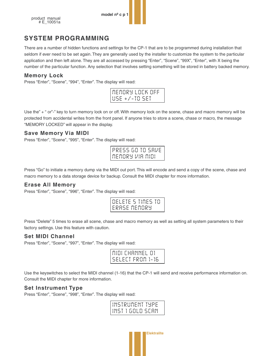 System programming, Memory lock, Save memory via midi | Erase all memory, Set midi channel, Set instrument type | elektraLite CP1 User Manual | Page 15 / 25