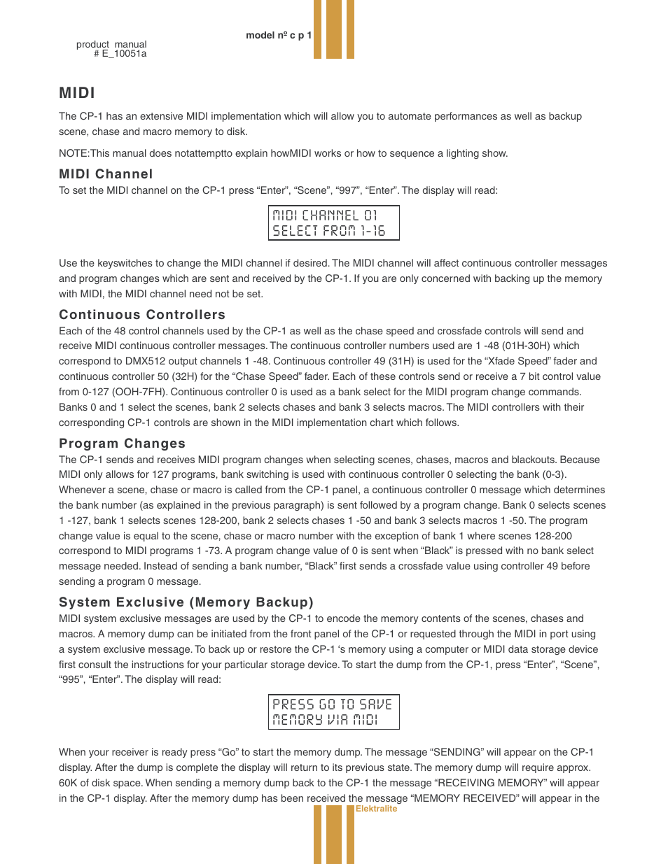 Midi, Midi channel, Continuous controllers | Program changes, System exclusive (memory backup) | elektraLite CP1 User Manual | Page 17 / 25